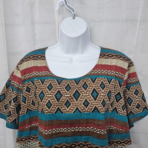 Alfred Dunner Brown Blue Aztec Tee Blouse Layered Boho Festival 1X - Picture 2 of 11